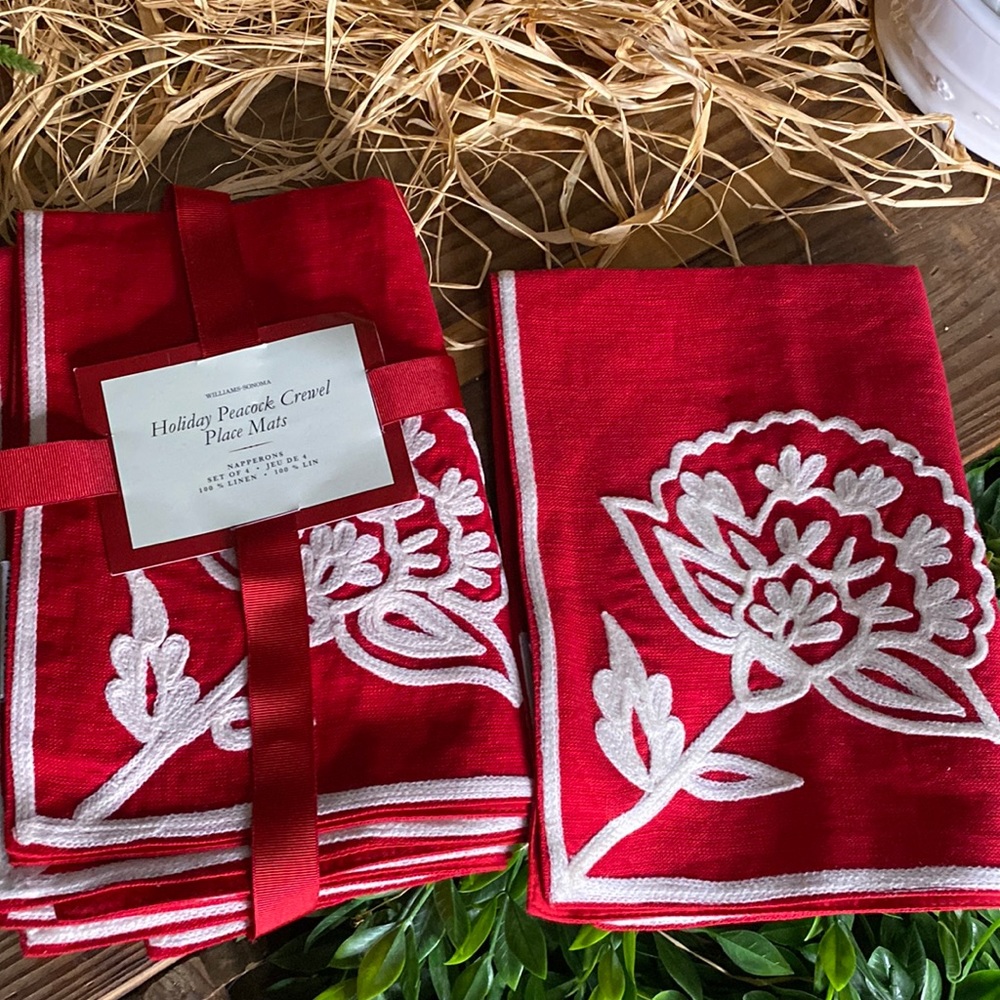 Williams Sonoma Holiday Peacock Crewel Linen Embroidered Placemats - Set of 4